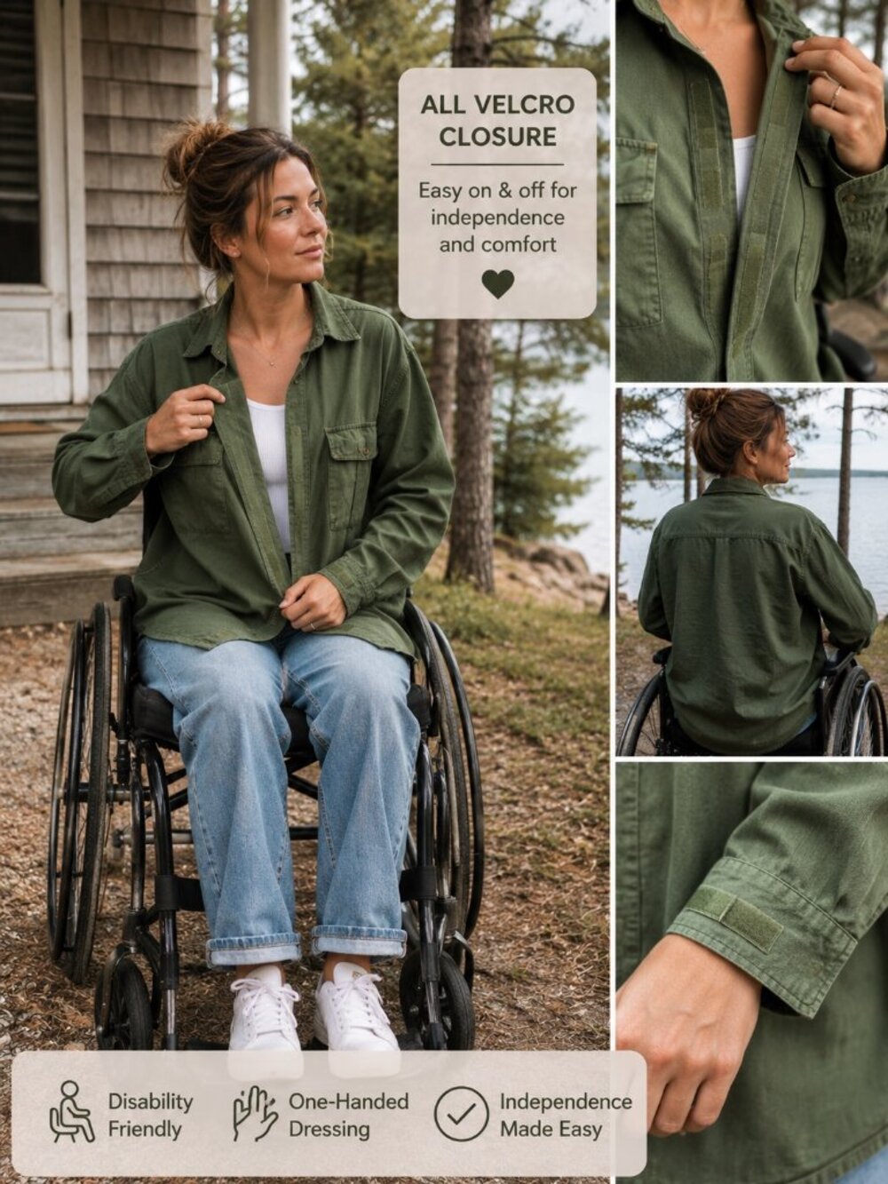 Ocean Pacific OP Men's Large Olive Utility Shirt Adaptive Velcro Closure unisex